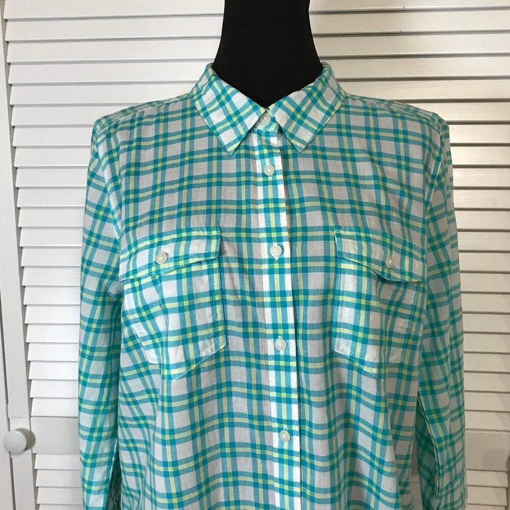 St John’s Bay Green White Plaid Semi Sheer Roll Tab Sleeves Shirt Women L - Picture 4 of 8